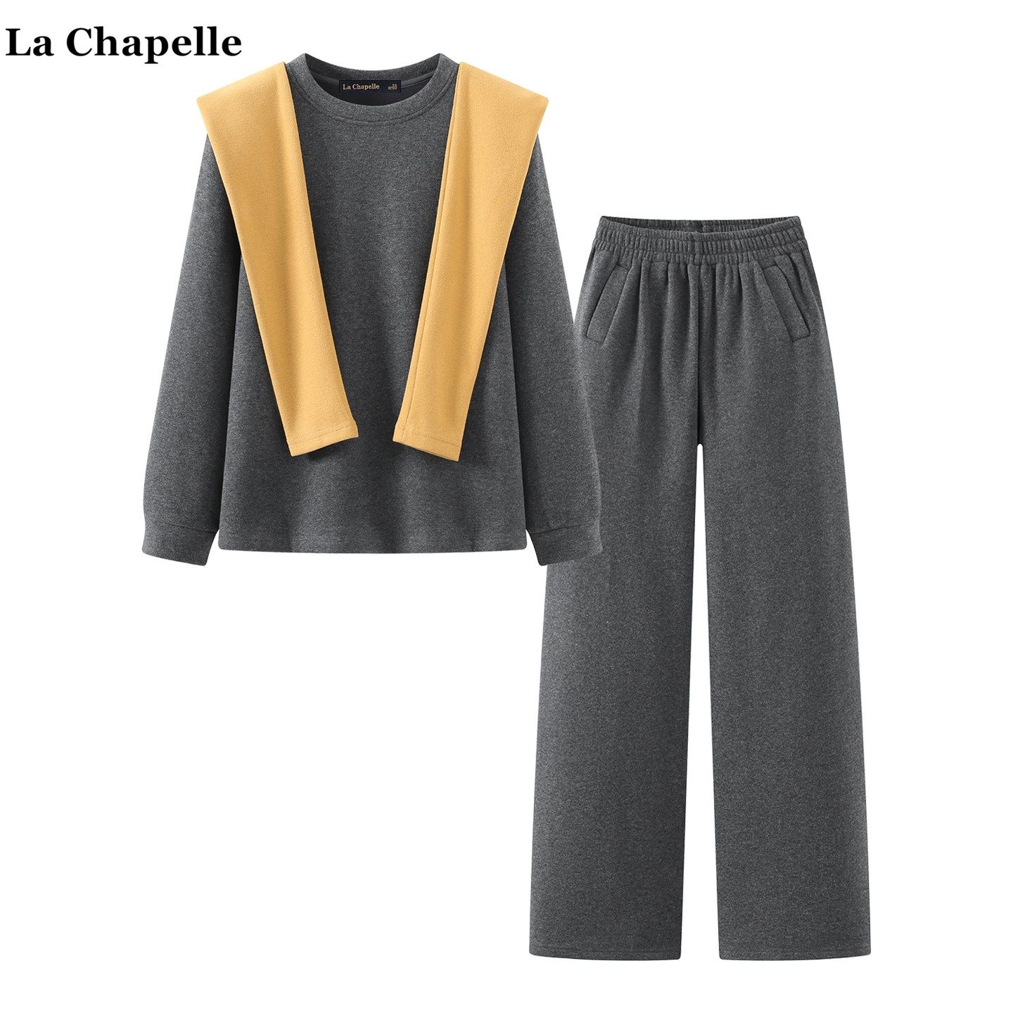 拉夏贝尔/La Chapelle冬新款休闲三件套女加绒圆领卫衣披肩阔腿裤