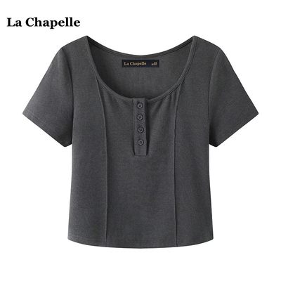 拉夏贝尔/La Chapelle春夏季简约U领修身显瘦百搭纯色短袖T恤女
