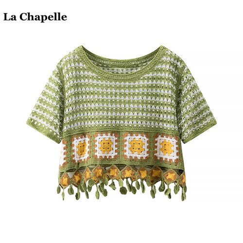 拉夏贝尔/La Chapelle复古钩花镂空短袖针织衫女夏季流苏提花上衣