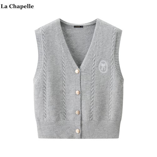 拉夏贝尔/La Chapelle蝴蝶结刺绣无袖针织开衫女秋冬叠穿马甲背心