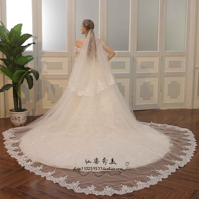 新款韩式拍照婚纱拖尾头纱礼服