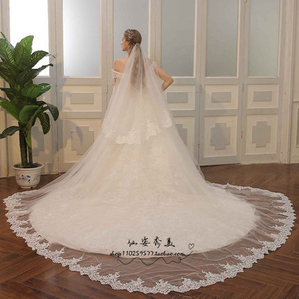 新款仙姿秀美韩式拍照造型婚纱礼服配饰超长拖尾唯美蕾丝花边头纱