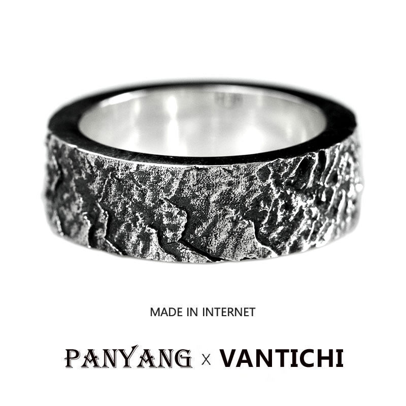 [坚若磐石]正品VANTICHI纯银岩石头纹复古男厚实戒指原创个性指环