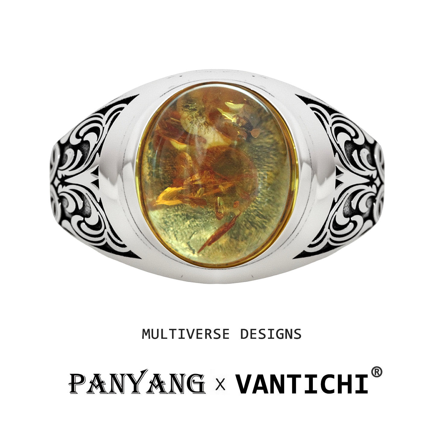 「财运X太阳」正品VANTICHI925纯银琥珀复古风个性戒指男小众指环