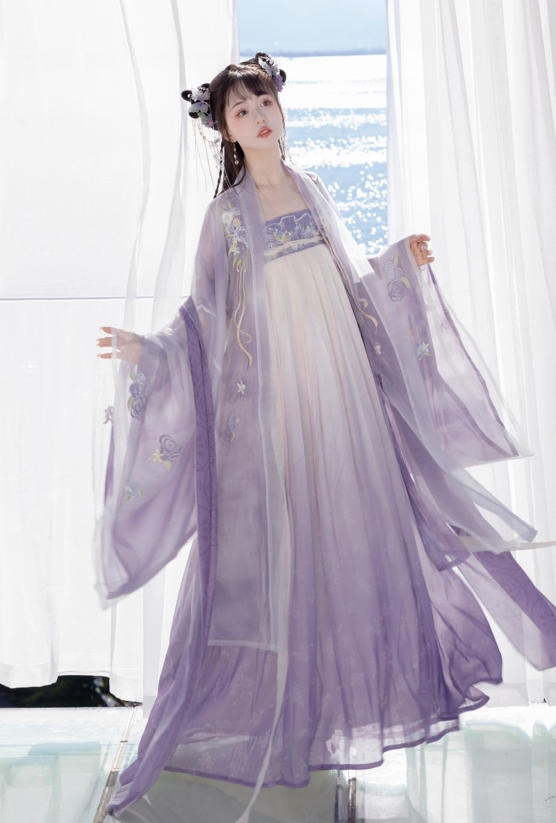 원래 HANFU 여성 가슴 높이 속치마 보라색 큰 소매 셔츠 장미 정원 일일 한 요소 봄 여름 HANFU [꽃 신의 노트]
