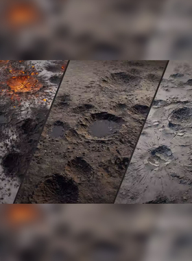 虚幻UE5 Crater Decals陨石爆炸弹坑洞水泥道路损毁贴花材质蓝图