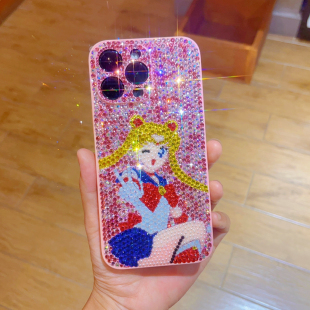 适用iPhone15Promax美少女镶钻手机壳苹果14Promax硅胶防摔14全包卡通12Pro可爱个性11奢华水钻13Pro满钻硅胶