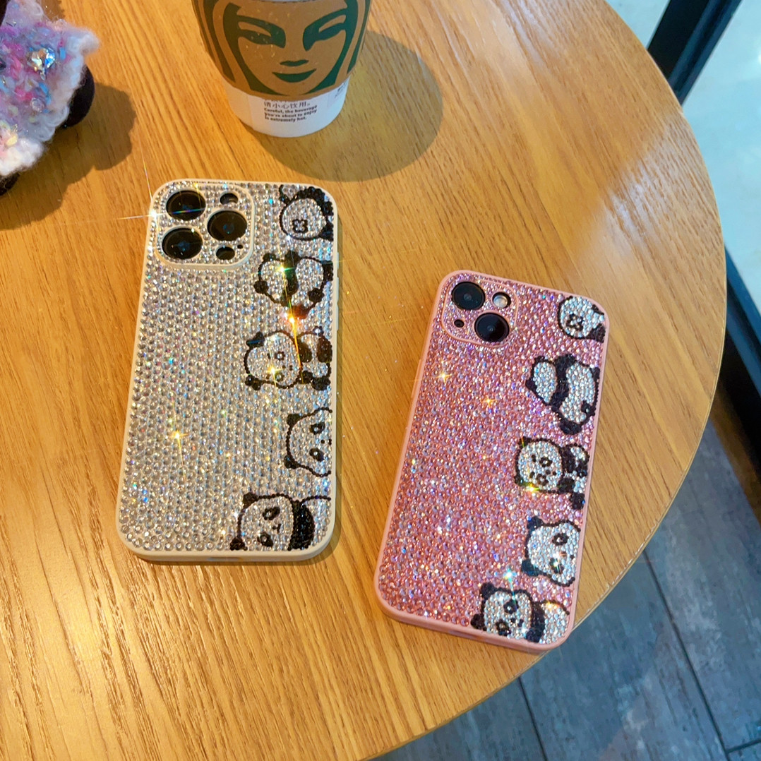 适用于苹果iPhone14promax手机壳镶钻满钻萌宠动物熊猫狗兔子可爱女款高级感15pro网红保护套13新款