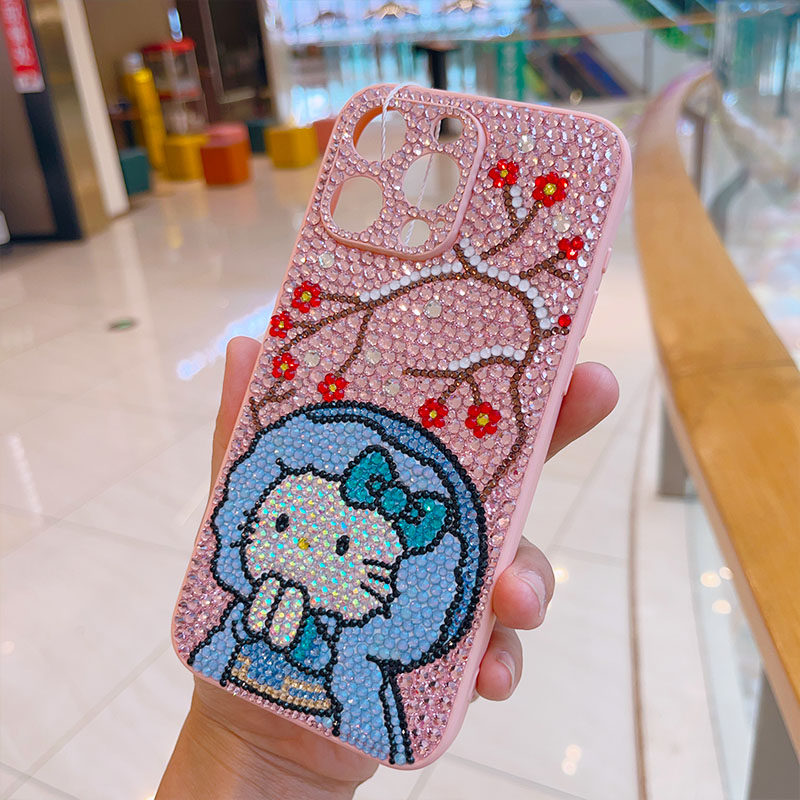 适用于iPhone15pro max苹果14手机壳14plus水钻宝石立体卡通可爱猫头保护套13全包防摔女12