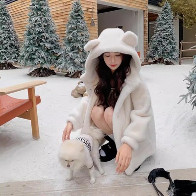 2025秋冬季新款加厚水貂绒皮毛一体熊耳仿皮草毛毛外套女连帽保暖