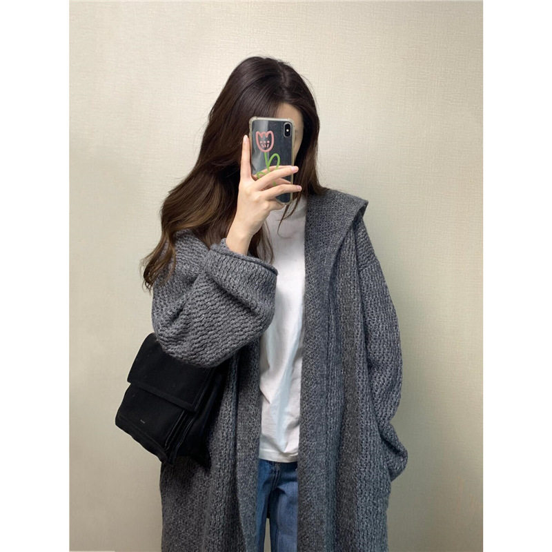 羊毛连帽中长款毛衣开衫女