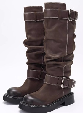 CHINCHIN官方原创设计师鞋履｜条带装饰大圆头及膝靴