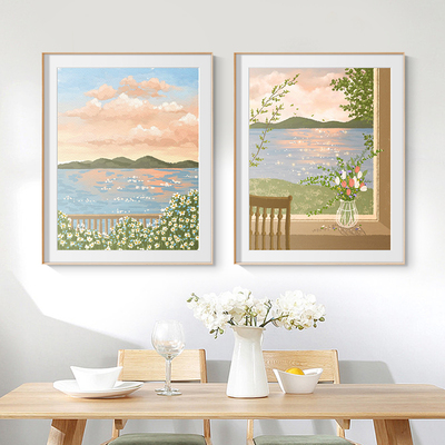 「晚霞美景」田园风格小清新唯美治愈系风景装饰画餐厅客厅挂画花