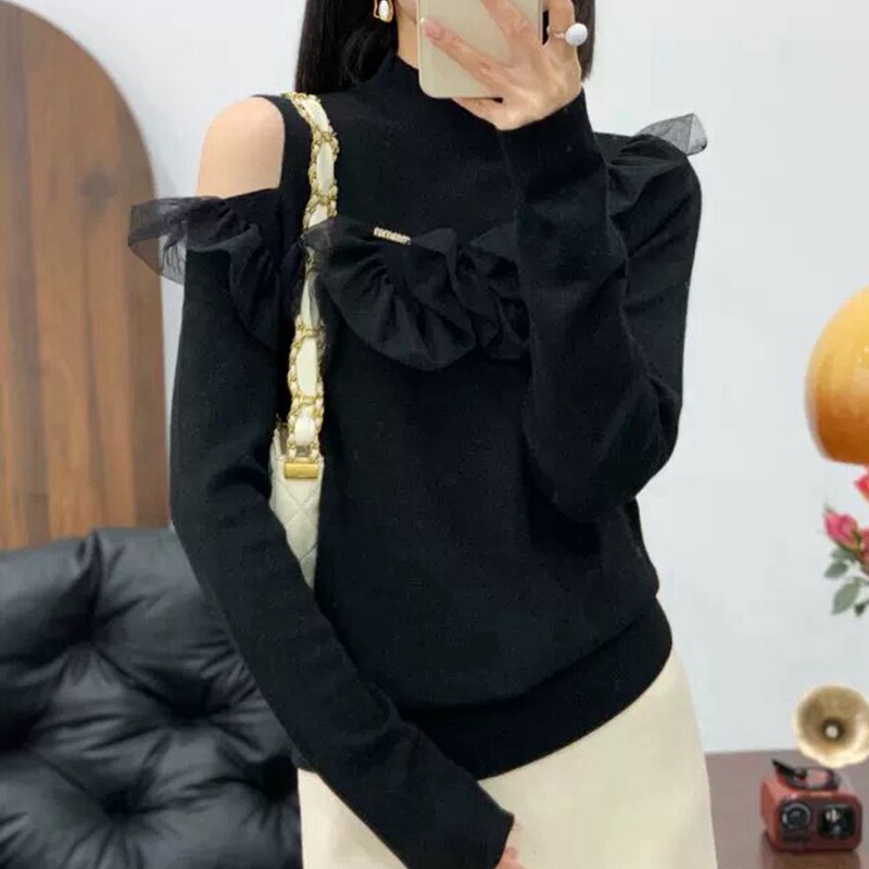半高领细羊毛针织打底衫女秋冬款时尚性感露肩蕾丝拼接内搭毛衣潮