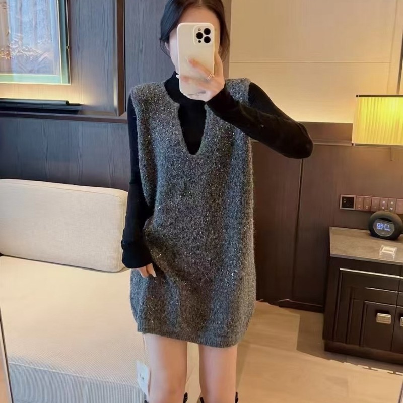 欧洲站2025春秋新款时尚亮片中长款针织马甲背心+打底T恤两件套女
