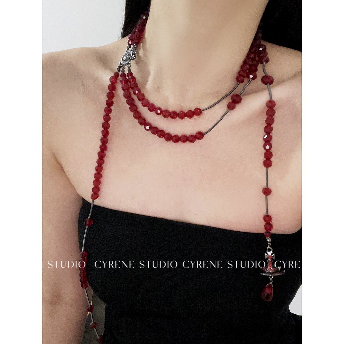 破碎水晶多层流苏毛衣链颈链