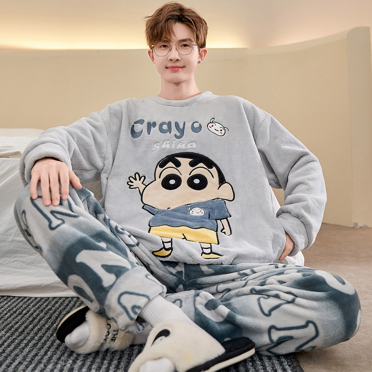 秋冬季男士睡衣珊瑚绒加肥加大码