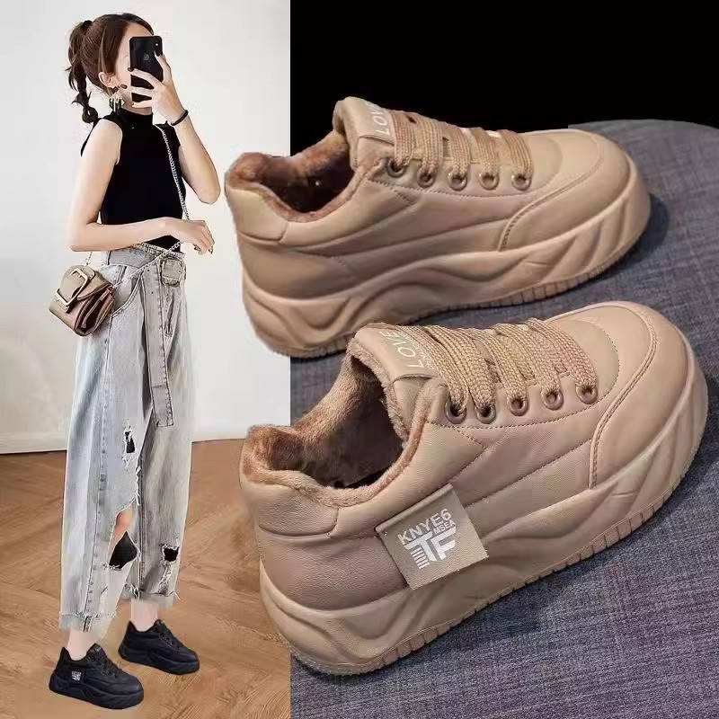 二棉鞋女冬季加绒加厚保暖运动鞋百搭厚底皮面防水防滑休闲面包鞋