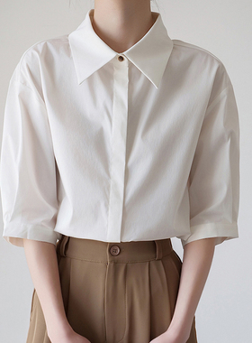 水洗棉白色衬衫女夏季短袖翻领设计感小众高级感女士通勤面试衬衣