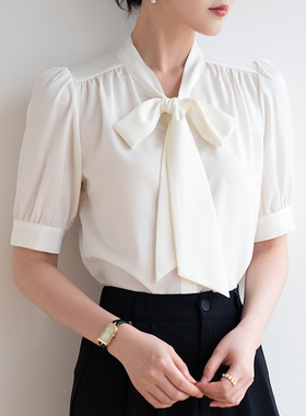 蝴蝶结飘带短袖白色衬衫女夏季职业通勤正装教资面试ol气质上衣