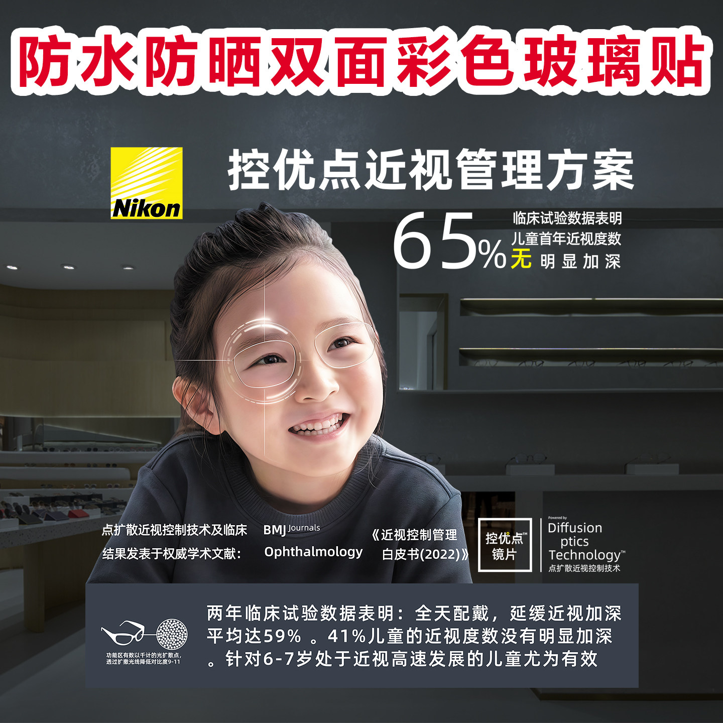 眼镜店学生尼康控优点玻璃橱窗门装饰贴画青少年近视镜灯箱布海报