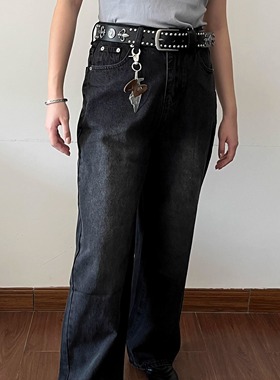 Lifenotes美式复古原牛黑直筒阔腿牛仔裤男女宽松丹宁cleanfit