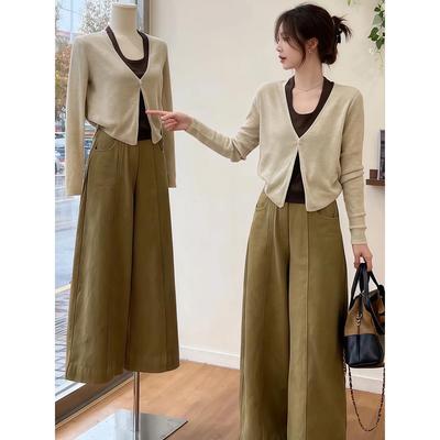 韩系假两件拼接挂脖长袖针织上衣女2025春秋新款气质直筒裤两件套