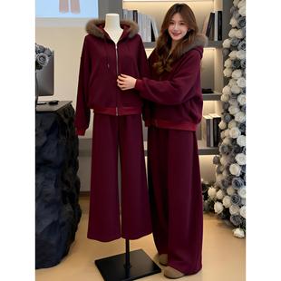 高级感慵懒风毛领连帽卫衣卫裤套装女秋冬加绒加厚休闲运动两件套