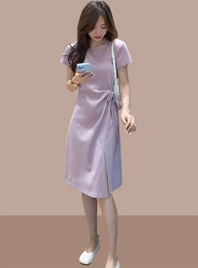 休闲法式紫色短袖t恤连衣裙女2025新款夏季设计感小众收腰a字裙子