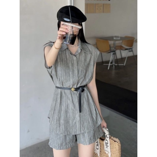 女2024夏季 套裝 新款 歐洲站闊腿短褲 兩件套 高級(jí)感收腰薄款 時(shí)尚 襯衫