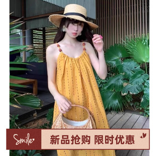 超好看海边度假宽松显瘦长裙子 黄色肩带串珠流苏吊带连衣裙女夏季