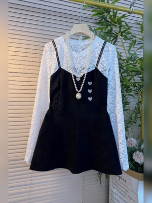 秋冬大码蕾丝拼接吊带假两件小衫收腰显瘦洋气减龄上衣内搭打底衫