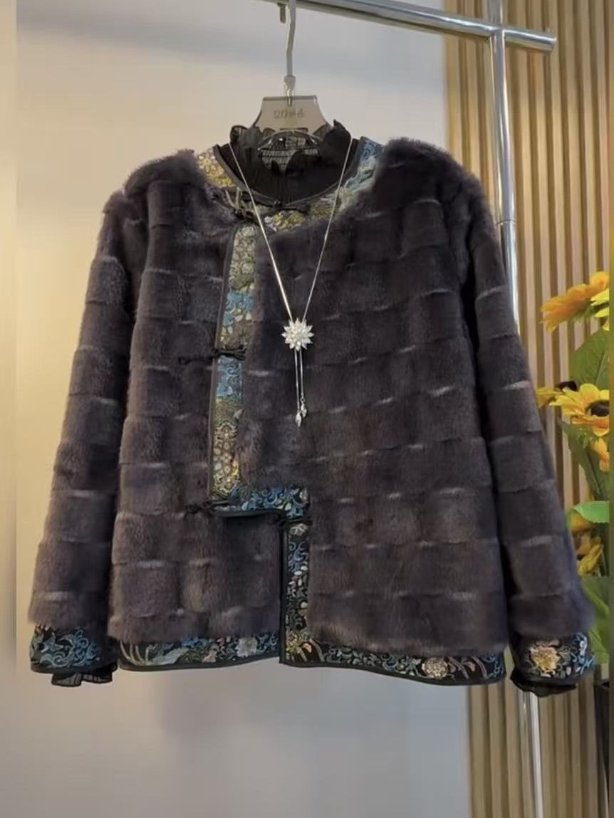 秋冬大码新中式国风盘扣环保皮草棉服外套女宽松显瘦洋气减龄加厚