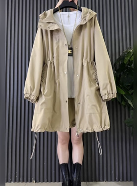 早春大码韩版宽松显瘦连帽风衣外套减龄胖妹妹遮肉中长款上衣外套