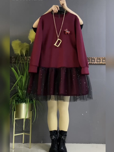 秋冬大码 重工蕾丝拼接假两件连衣裙宽松显瘦洋气减龄上衣内搭外穿