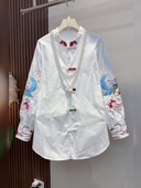 早春新中式 彩色盘扣手臂刺绣龙凤呈祥上衣遮肉洋气显瘦潮 国风衬衫