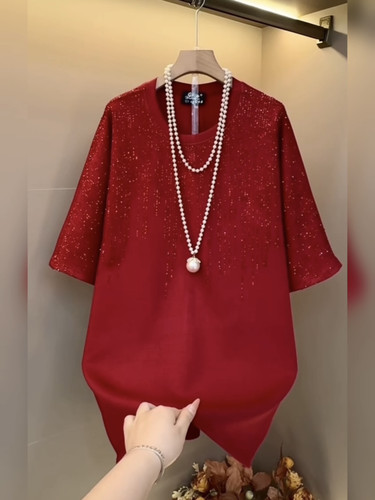 春夏大码重工烫钻短袖打底衫女宽松显瘦满天星洋气减龄上衣内搭潮