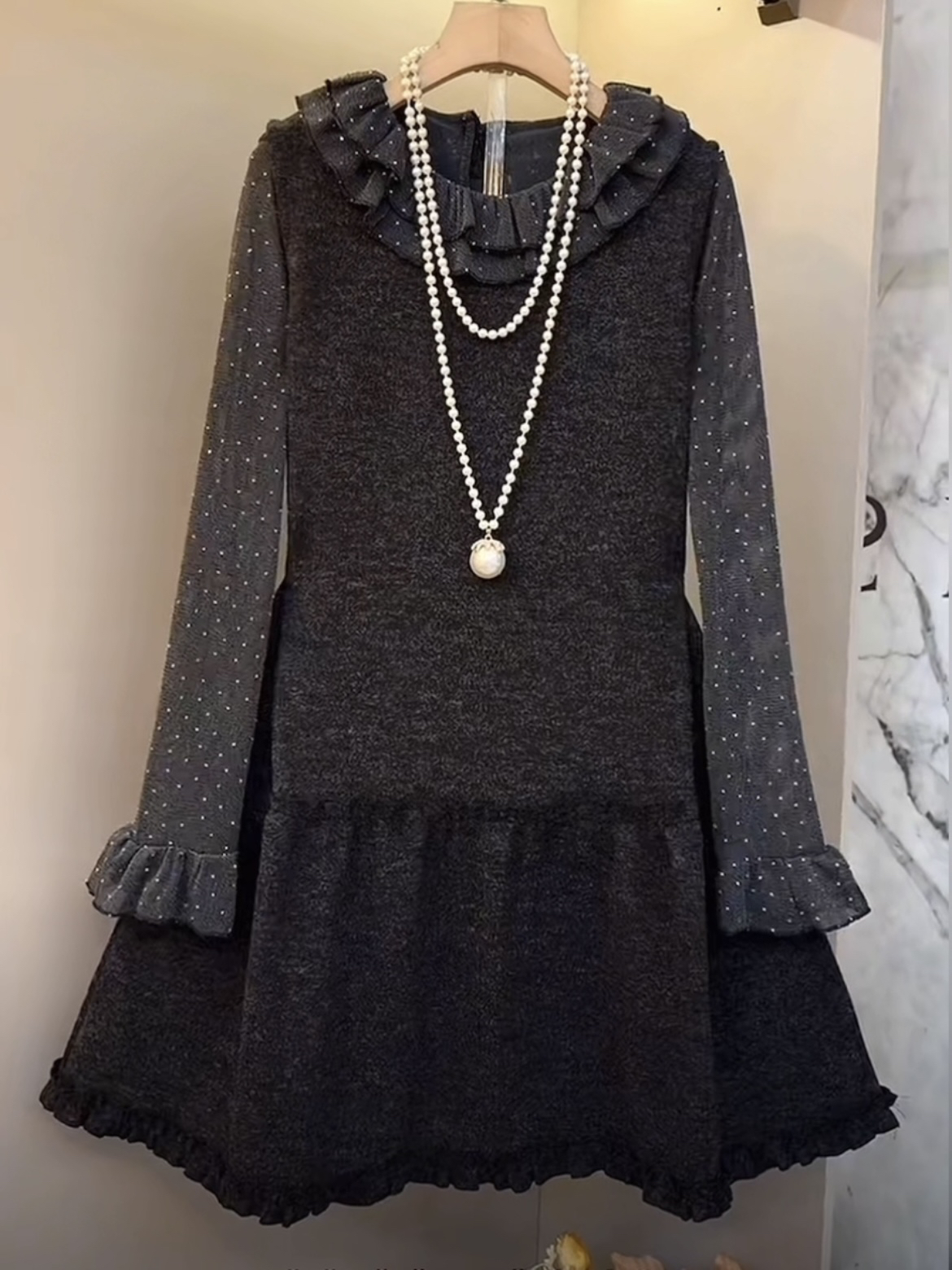 秋冬大码马夹裙打底衫两件套长袖连衣裙女显瘦洋气减龄打底裙套装