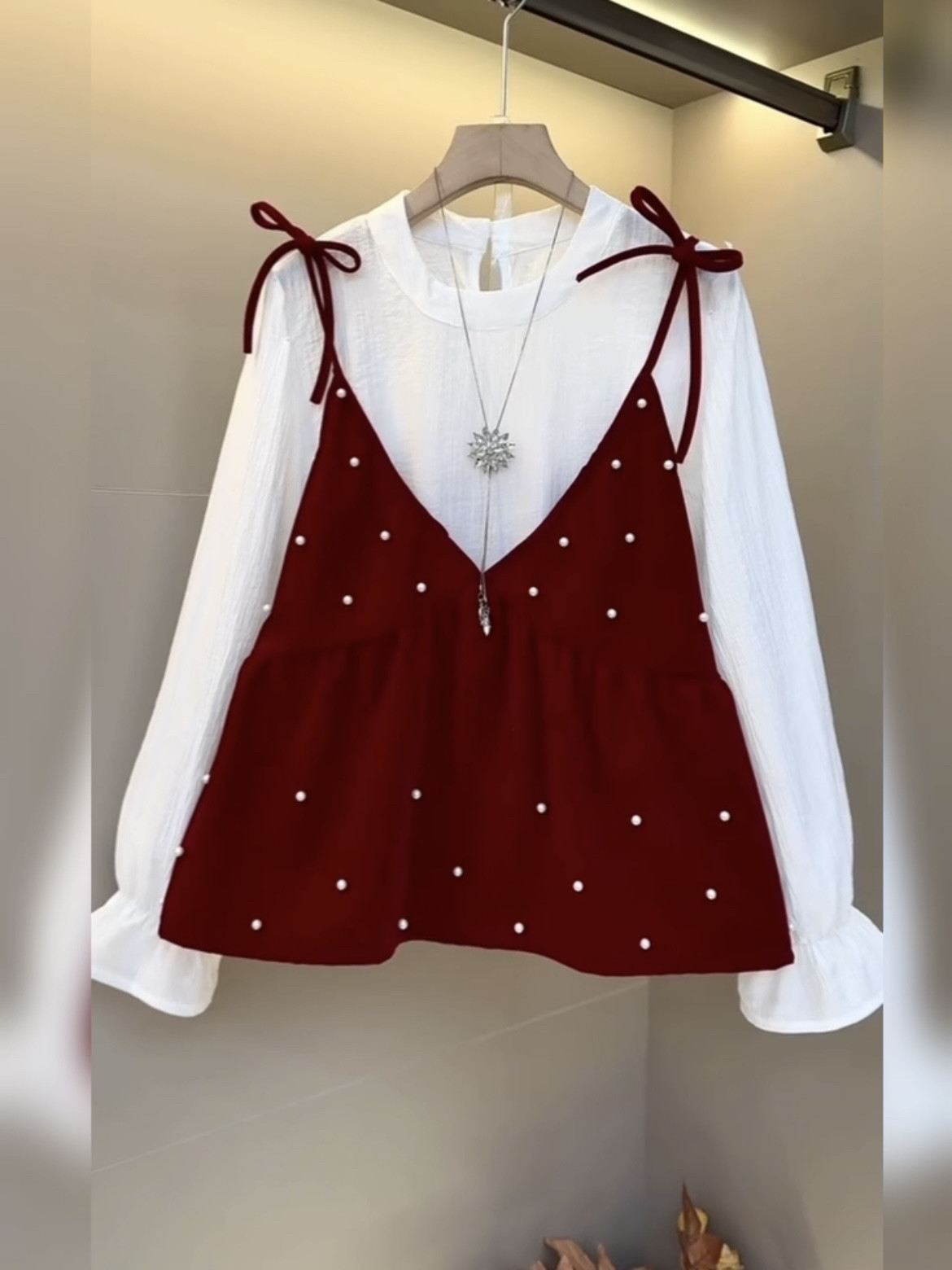 秋冬大码重工钉珠吊带打底衫两件套打底衫女减龄洋气减龄上衣内搭