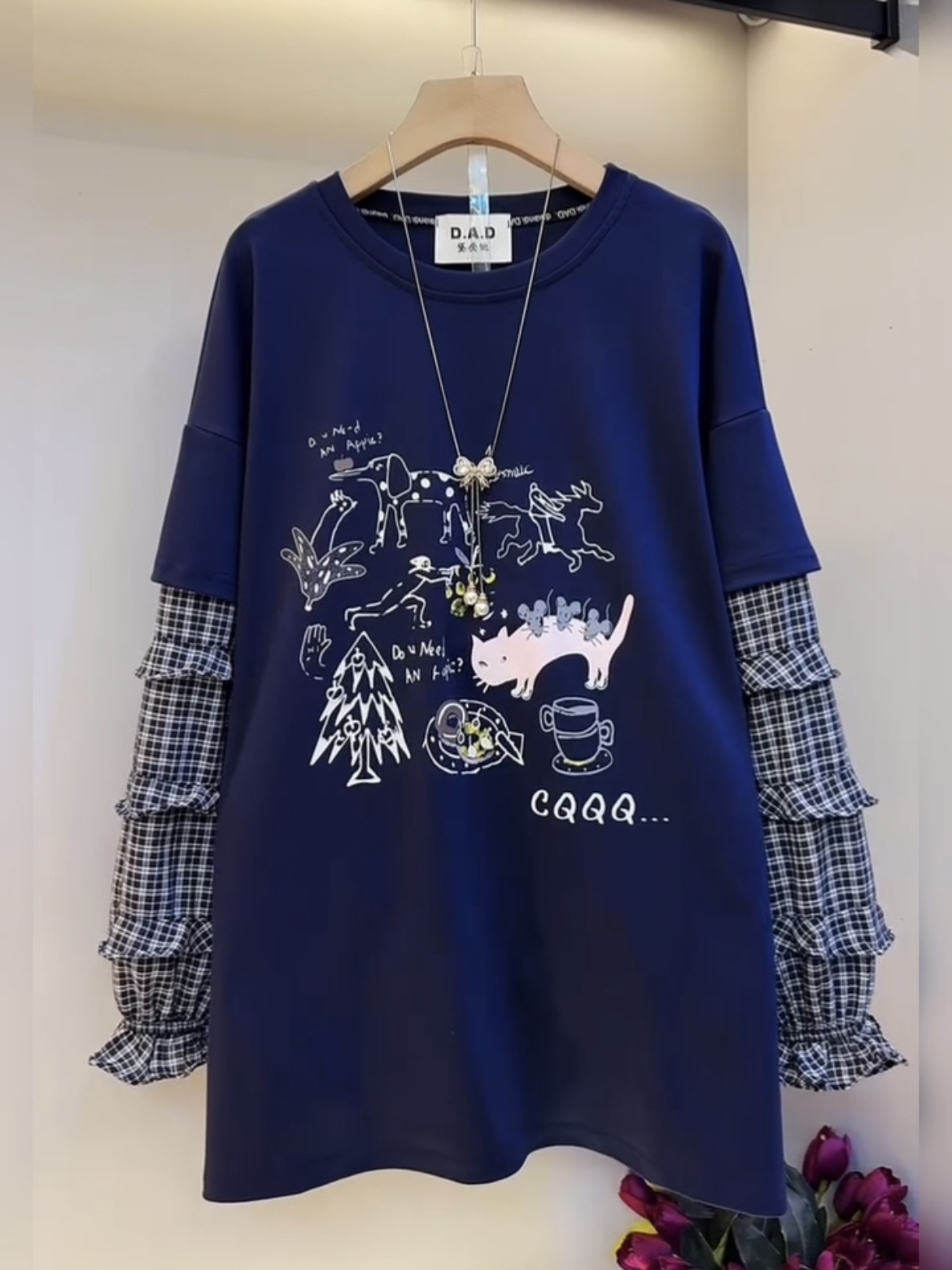 秋冬大码重工刺绣卡通叮当猫短袖T恤女宽松显瘦洋气减龄上衣打底