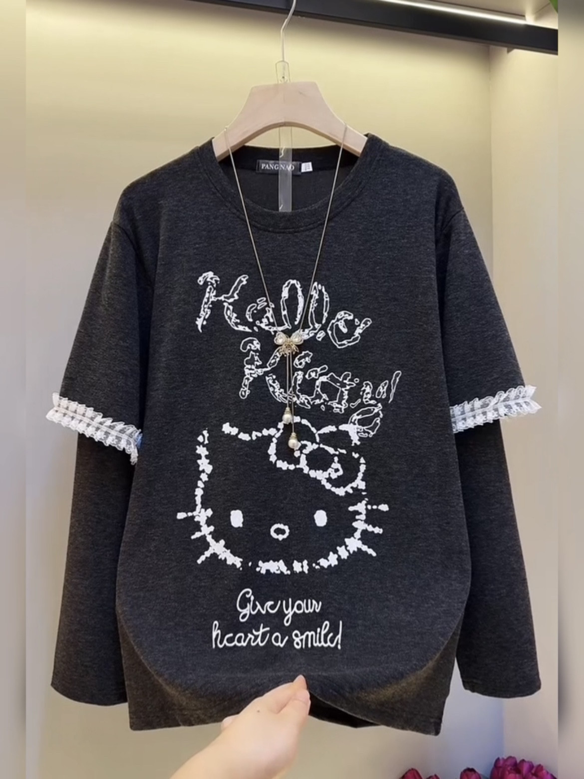 秋冬大码卡通图案假两件打底衫女宽松显瘦洋气减龄上衣内搭外穿潮