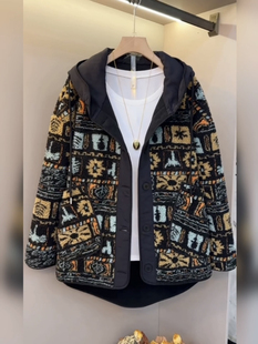 秋冬大码 加绒加厚提花棉外套女民族风百搭宽松连帽棉服外套潮上衣