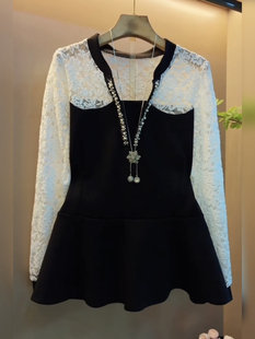 秋冬大码 重工蕾丝拼接假两件连衣裙宽松显瘦洋气减龄上衣内搭外穿