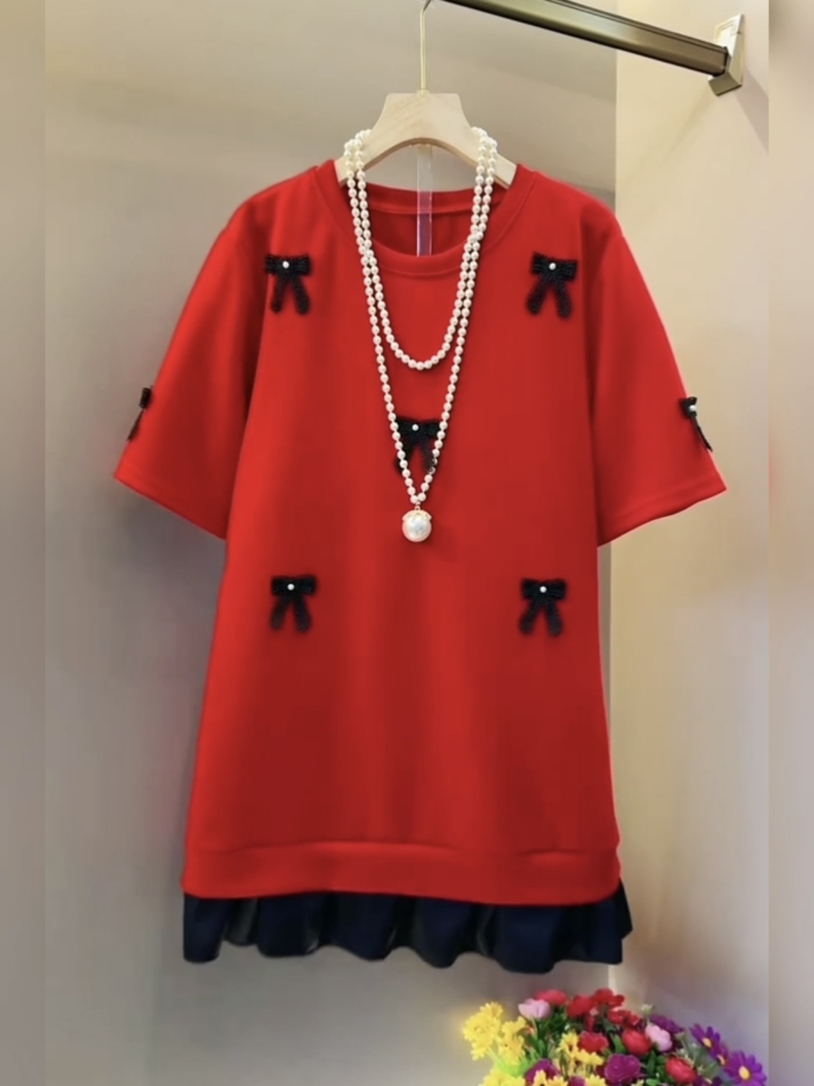 秋冬大码重工蝴蝶结短袖连衣裙女宽松显瘦洋气减龄中长款打底裙潮