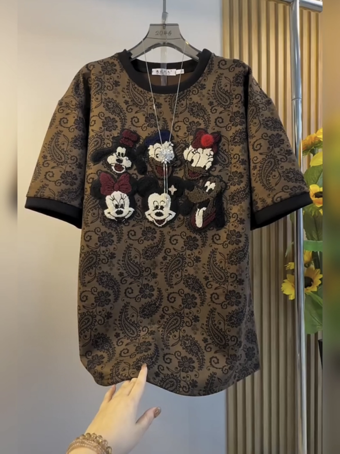 秋冬大码毛巾绣米奇字母短袖T恤女宽松显瘦洋气减龄中长款打底衫