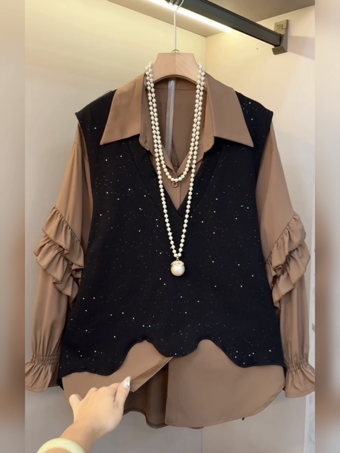 秋冬大码荷叶边拼接长袖衬衫女宽松显瘦洋气减龄上衣内搭外穿衬衣