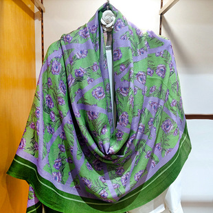 围巾 纯羊毛保暖绿色显白长款 须边100%羊绒长巾冬季 紫色花格子新品