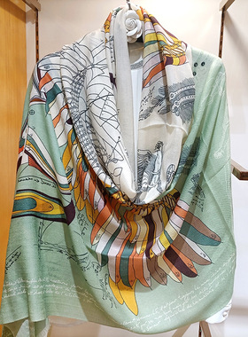 高端橙色中古飞马新品纯羊绒薄大气围巾披肩秋冬季须边黑白女围脖