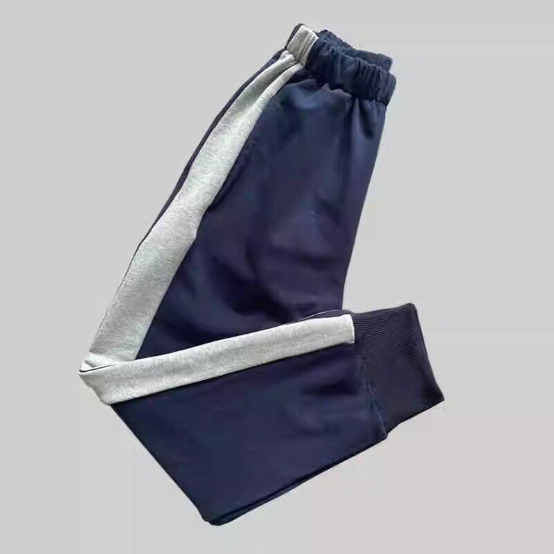 加绒宽浅灰杠侧拼接束口深藏蓝色