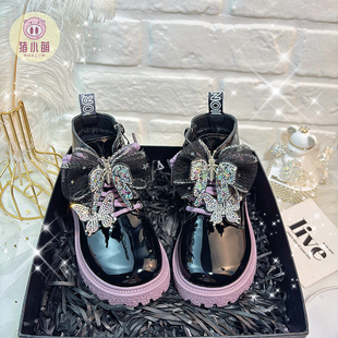 紫色灵动蝴蝶儿童马丁靴古装小皮靴女童黑色走秀短靴演出中筒靴子